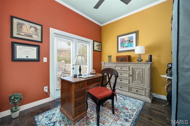 910 Rutger St, Saint Louis, MO 63104 - home office featuring crown molding, dark wood-style flooring, baseboards, and a ceiling fan