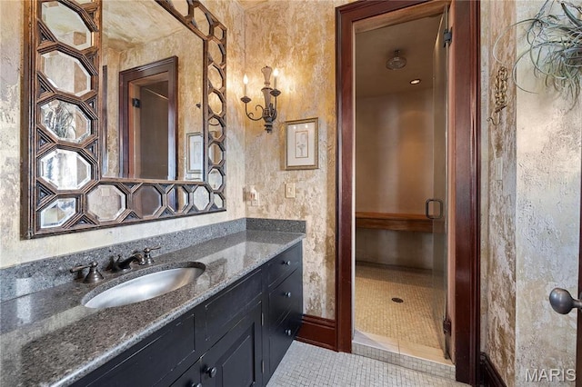 3520 Galt House Dr, Saint Charles, MO 63301 - full bathroom featuring vanity, tile patterned flooring, and a stall shower
