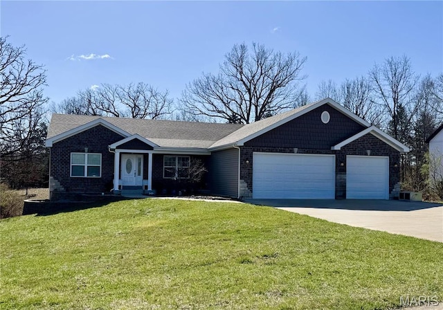 140 Shumard Oak Dr, Troy, MO 63379 - ranch-style home with an attached garage, a front yard, concrete driveway, brick siding, and a shingled roof