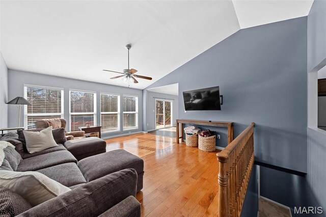 140 Shumard Oak Dr, Troy, MO 63379 - living room with lofted ceiling, a ceiling fan, and wood finished floors