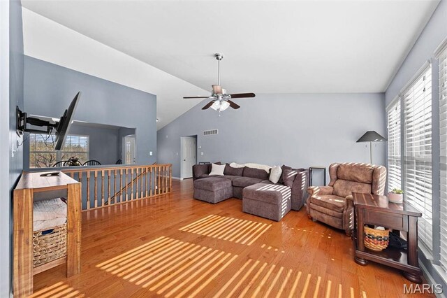 140 Shumard Oak Dr, Troy, MO 63379 - living area with a ceiling fan, wood finished floors, and vaulted ceiling