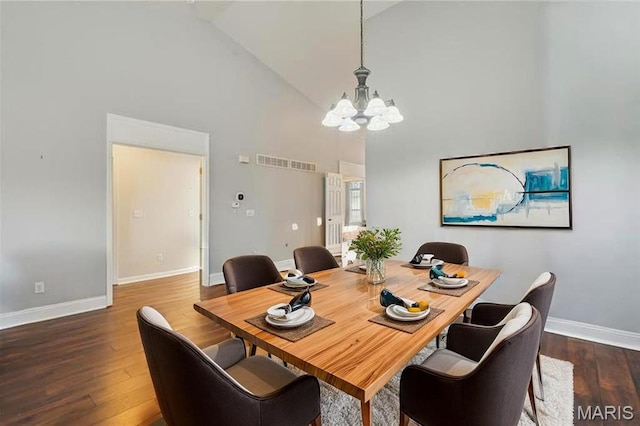 910 Ridgepointe Place Cir, Lake St Louis, MO 63367 - dining room with a chandelier, high vaulted ceiling, baseboards, and dark wood-style flooring