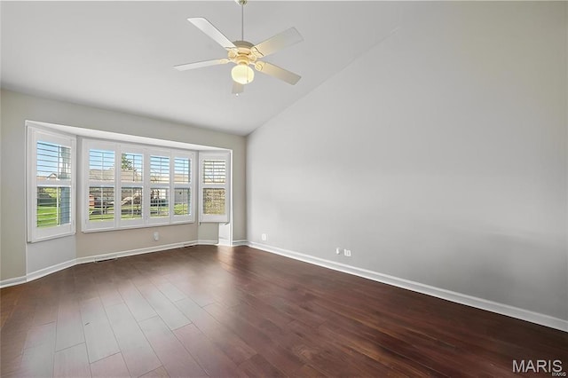 910 Ridgepointe Place Cir, Lake St Louis, MO 63367 - empty room featuring vaulted ceiling, dark wood-style flooring, baseboards, and ceiling fan