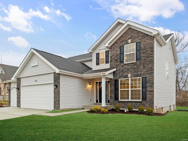 610 Tull Ct, Wentzville, MO 63385 - traditional home featuring brick siding, a garage, concrete driveway, a front yard, and roof with shingles