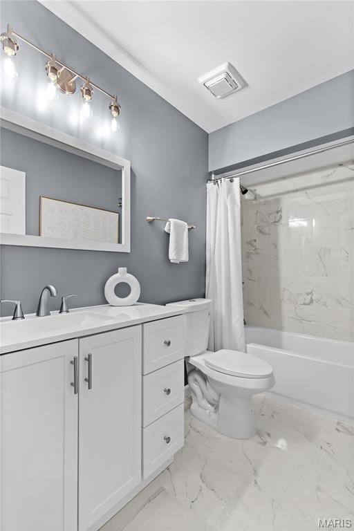 3524 Espace Ct, Florissant, MO 63034 - bathroom with vanity, marble look tiles, toilet, and shower / bathtub combination with curtain