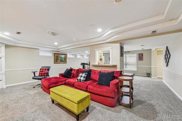 2 Meramec Shores Ct, Ofallon, MO 63366 - carpeted living room featuring a raised ceiling, plenty of natural light, baseboards, and recessed lighting