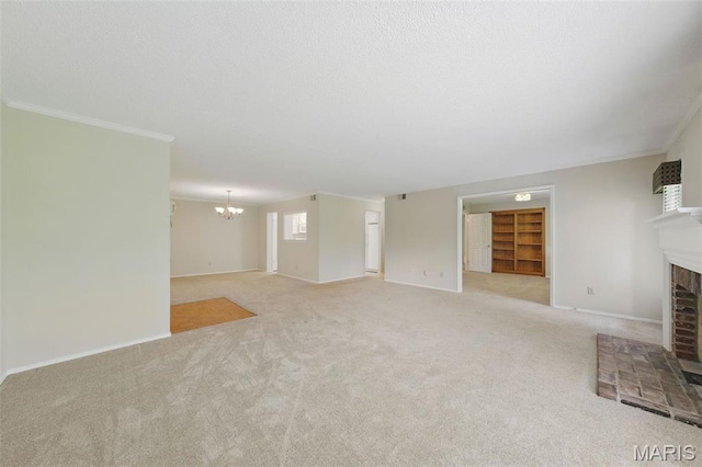 2037 Trailcrest Ln Unit 7, Saint Louis, MO 63122 - unfurnished living room with a fireplace with raised hearth, a chandelier, carpet floors, crown molding, and baseboards