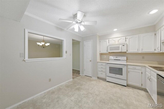 2037 Trailcrest Ln Unit 7, Saint Louis, MO 63122 - kitchen with white appliances, white cabinetry, crown molding, a textured ceiling, and light countertops