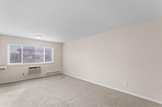 empty room with a baseboard radiator, carpet floors, baseboards, and a wall mounted air conditioner
