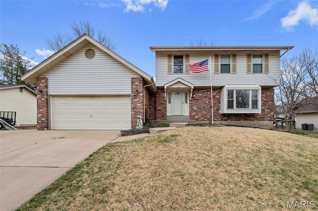 2915 Coram Dr, Saint Louis, MO 63129 - view of front facade featuring driveway, a garage, brick siding, and a front lawn
