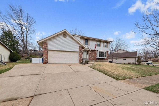 2915 Coram Dr, Saint Louis, MO 63129 - traditional-style home with brick siding, concrete driveway, a front lawn, and an attached garage