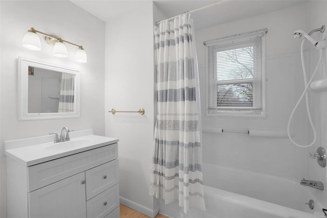 1163 Peace Valley Ln, Hermann, MO 65041 - bathroom featuring shower / tub combo, vanity, and wood finished floors