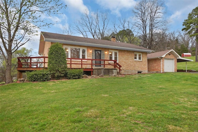 1163 Peace Valley Ln, Hermann, MO 65041 - view of front of house featuring brick siding, a wooden deck, a chimney, and a front lawn