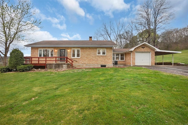 1163 Peace Valley Ln, Hermann, MO 65041 - view of front of property featuring a chimney, brick siding, a front yard, driveway, and a garage