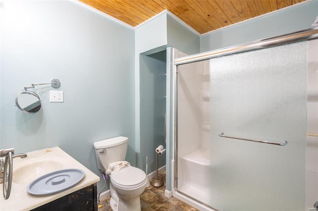 13 Wayne 357b, Piedmont, MO 63957 - bathroom with wood ceiling, a shower stall, toilet, vanity, and stone finish floors