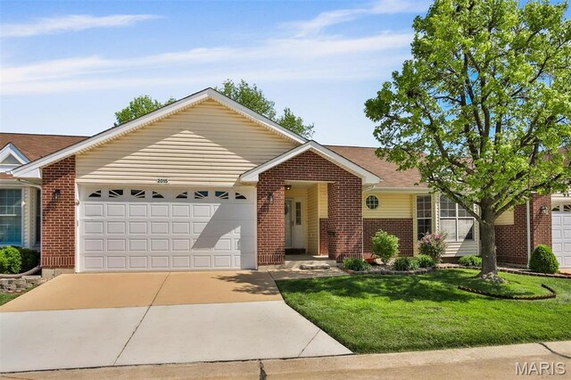 2015 Chapel Hill Xing, Saint Peters, MO 63376 - ranch-style home featuring brick siding, a garage, concrete driveway, and a front lawn