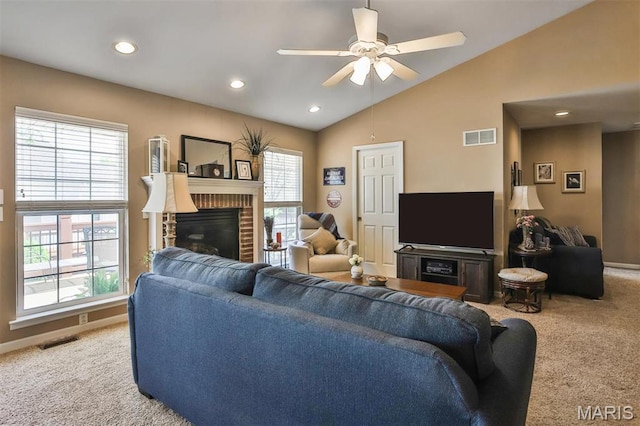 2015 Chapel Hill Xing, Saint Peters, MO 63376 - living area featuring carpet floors, a fireplace, healthy amount of natural light, vaulted ceiling, and recessed lighting