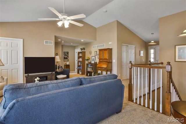 2015 Chapel Hill Xing, Saint Peters, MO 63376 - living area with light carpet, ceiling fan, high vaulted ceiling, and recessed lighting