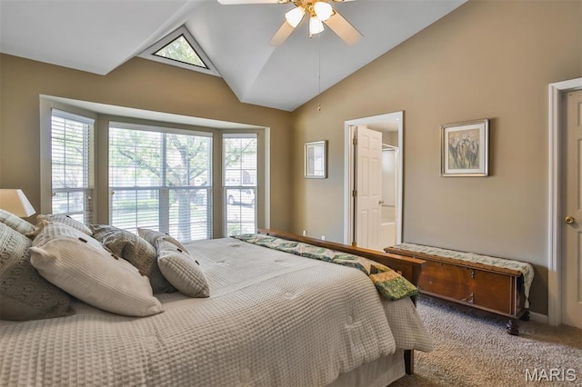 2015 Chapel Hill Xing, Saint Peters, MO 63376 - carpeted bedroom with baseboards, ceiling fan, high vaulted ceiling, and ensuite bath