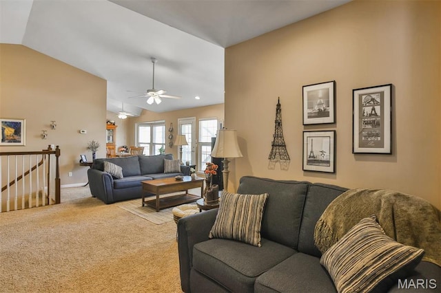 2015 Chapel Hill Xing, Saint Peters, MO 63376 - carpeted living room featuring vaulted ceiling, ceiling fan, and baseboards