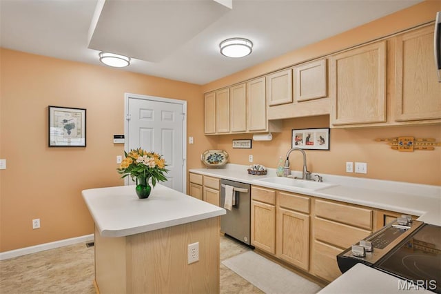 2015 Chapel Hill Xing, Saint Peters, MO 63376 - kitchen with dishwasher, light brown cabinetry, light countertops, and a kitchen island