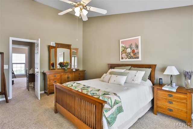2015 Chapel Hill Xing, Saint Peters, MO 63376 - bedroom featuring light carpet, high vaulted ceiling, and a ceiling fan