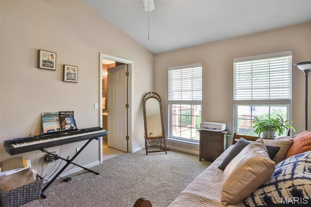 2015 Chapel Hill Xing, Saint Peters, MO 63376 - sitting room featuring light colored carpet, vaulted ceiling, and ceiling fan
