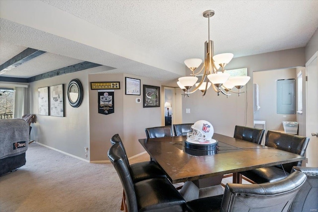 carpeted dining room featuring a textured ceiling, a chandelier, baseboards, and electric panel