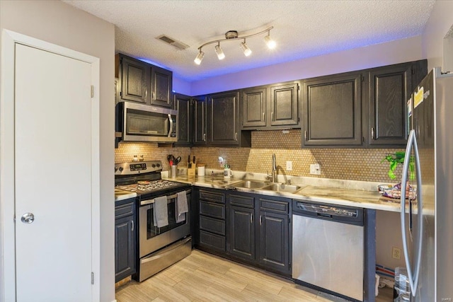 kitchen featuring appliances with stainless steel finishes, a sink, light countertops, backsplash, and light wood-style floors