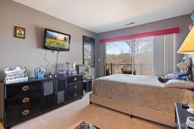92 Waters Edge Ct Unit 15-2B, Four Seasons, MO 65049 - bedroom with light carpet, access to exterior, and a textured ceiling