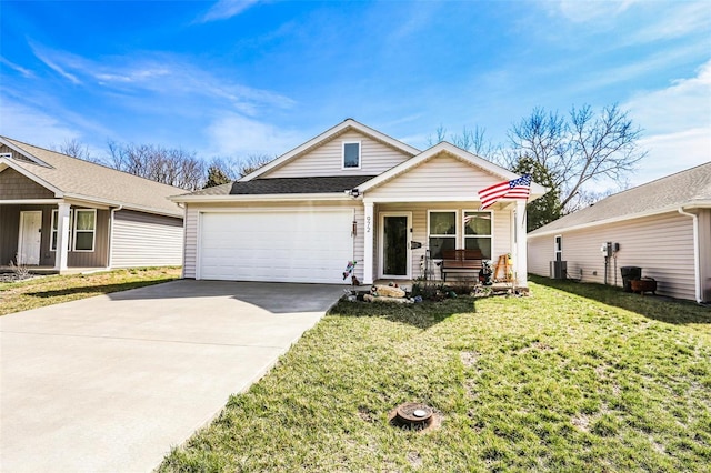 view of front of property featuring covered porch, concrete driveway, an attached garage, and a front lawn