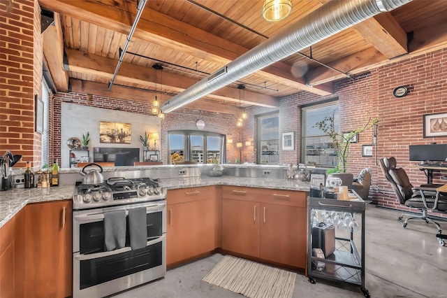 kitchen featuring double oven range, brick wall, finished concrete floors, wooden ceiling, and beamed ceiling