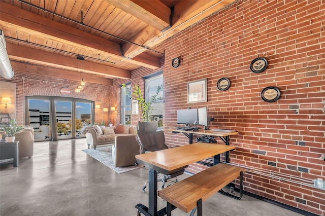 dining room featuring brick wall, concrete floors, wood ceiling, and beamed ceiling