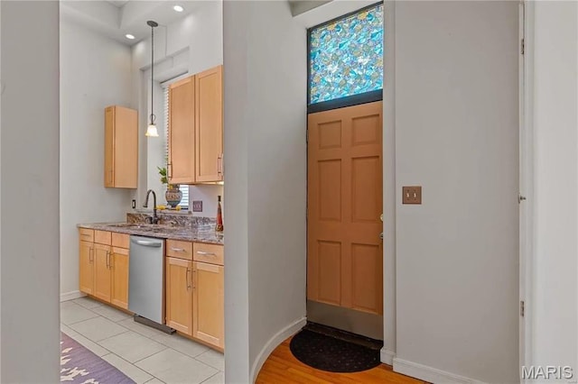 1906 Lasalle St, Saint Louis, MO 63104 - kitchen with a sink, dishwasher, baseboards, light brown cabinets, and recessed lighting
