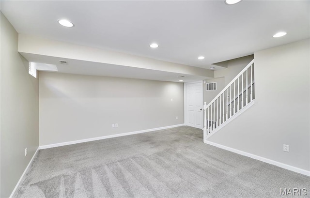 460 Fortress Ct, Saint Charles, MO 63303 - finished basement featuring carpet flooring, recessed lighting, baseboards, and stairway