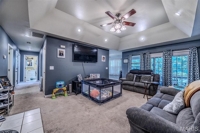 735 Dale Ln, Richland, MO 65556 - living room with a tray ceiling, carpet, ceiling fan, healthy amount of natural light, and recessed lighting