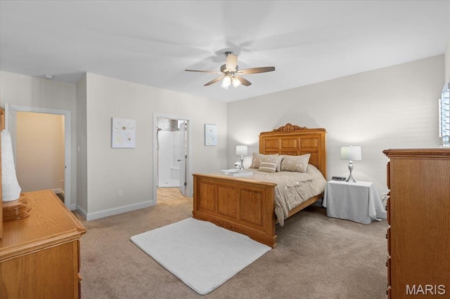 bedroom with light carpet, baseboards, and ceiling fan