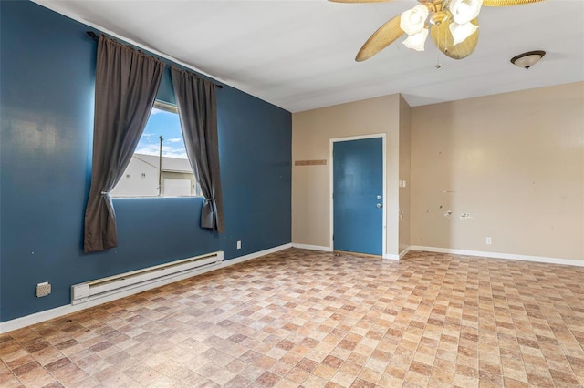 6400 Hoot Owl Ln, French Village, MO 63036 - empty room featuring a baseboard heating unit, baseboards, a ceiling fan, and brick patterned floors