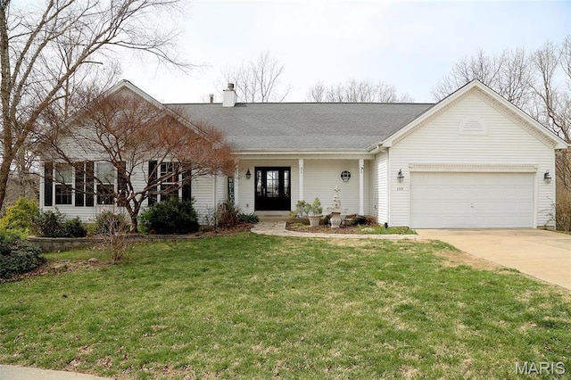 589 Wetherby Terrace Dr, Ballwin, MO 63021 - ranch-style house with concrete driveway, an attached garage, a front lawn, a chimney, and a shingled roof