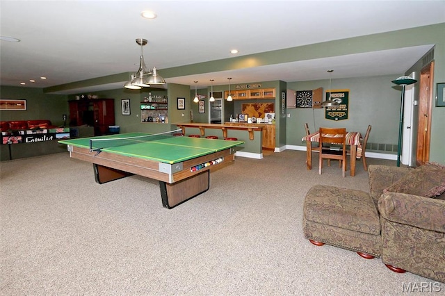 589 Wetherby Terrace Dr, Ballwin, MO 63021 - recreation room with carpet, billiards, recessed lighting, and bar area