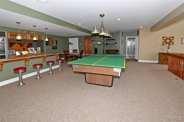 589 Wetherby Terrace Dr, Ballwin, MO 63021 - playroom featuring a dry bar, billiards table, carpet floors, baseboards, and recessed lighting