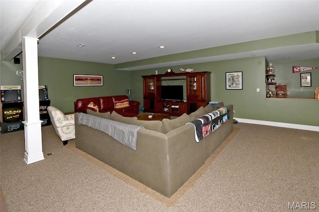 589 Wetherby Terrace Dr, Ballwin, MO 63021 - living room featuring carpet, recessed lighting, and baseboards
