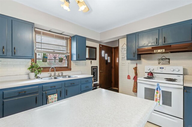 9449 E Lake View Dr, Bonne Terre, MO 63628 - kitchen featuring white range with electric cooktop, blue cabinets, under cabinet range hood, a sink, and tasteful backsplash