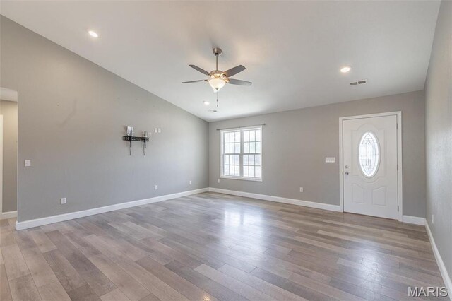 151 Alisha Ave, Poplar Bluff, MO 63901 - entryway featuring a ceiling fan, lofted ceiling, light wood-style flooring, and baseboards