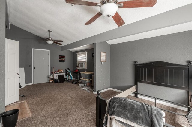 bedroom with vaulted ceiling, carpet flooring, and ceiling fan