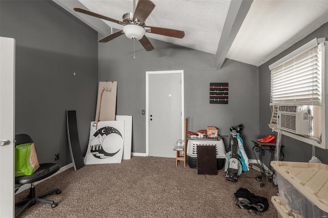 game room featuring ceiling fan, carpet, and a textured ceiling