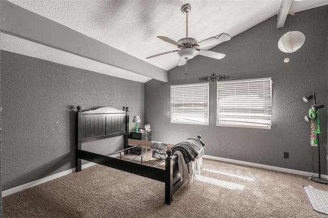 bedroom with a textured wall, vaulted ceiling, carpet flooring, baseboards, and ceiling fan