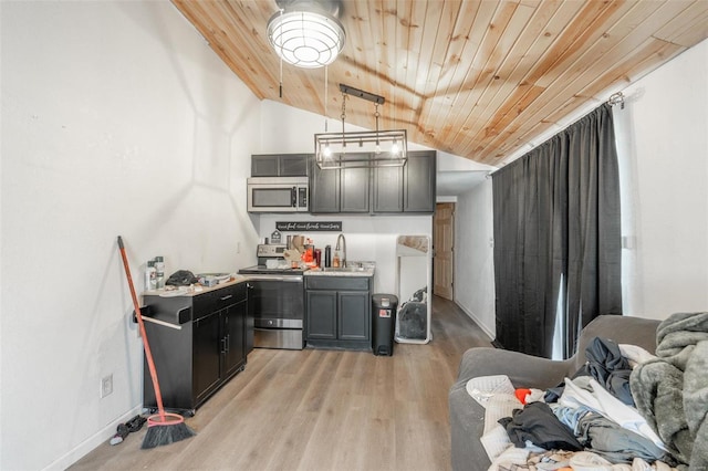 kitchen featuring stainless steel appliances, wooden ceiling, lofted ceiling, a sink, and light wood-style floors