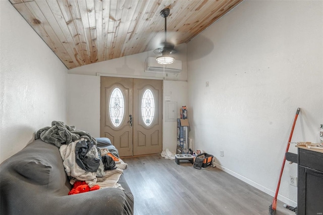 entryway with wood finished floors, vaulted ceiling, a ceiling fan, wood ceiling, and baseboards