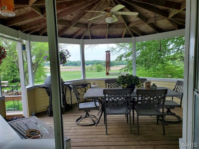 708 E Fillmore St E, Fillmore, IL 62032 - sunroom / solarium featuring ceiling fan, outdoor dining space, and lofted ceiling